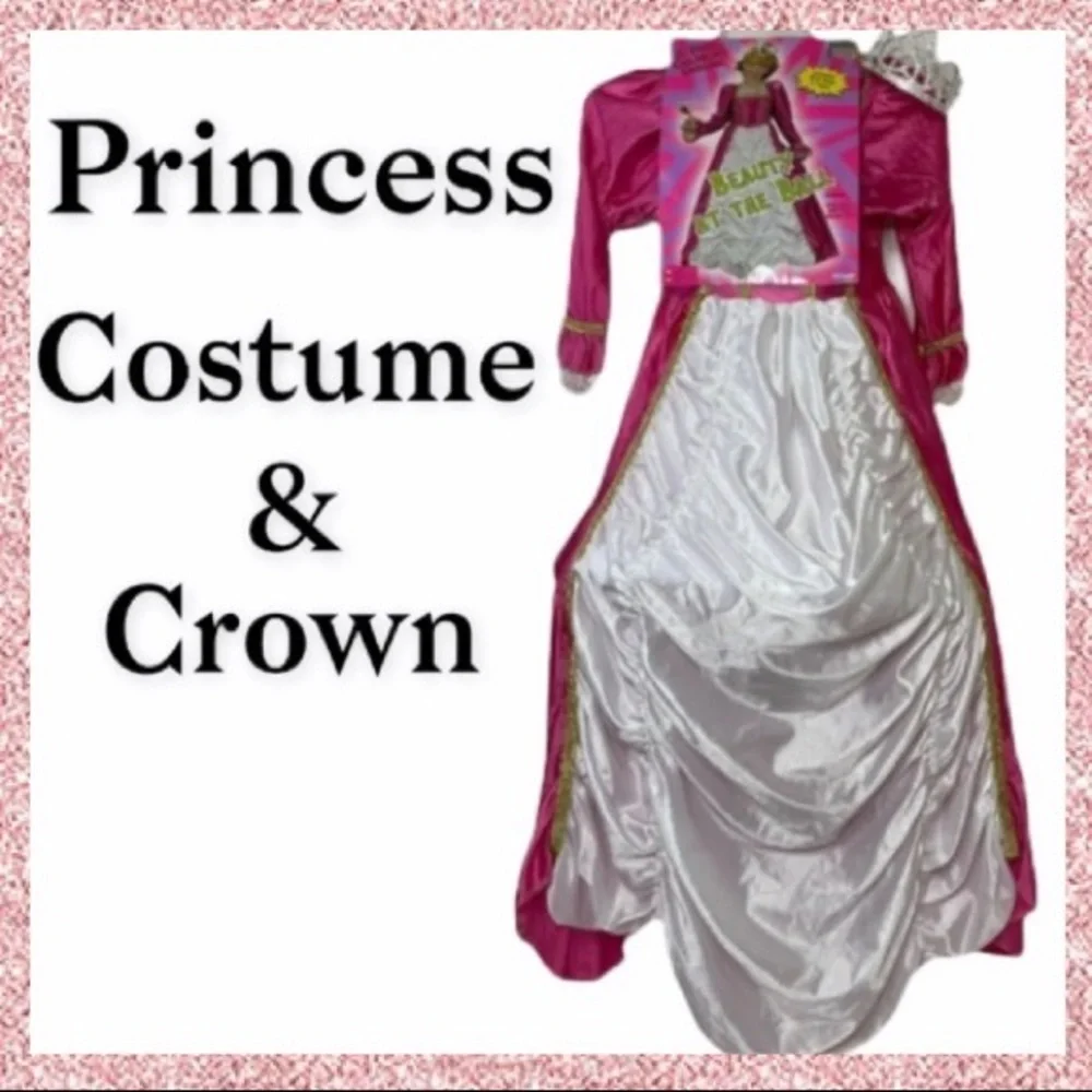 Princess Ball Gown Fairytale Halloween Costume Dress Up Crown Tiara Pink Gold